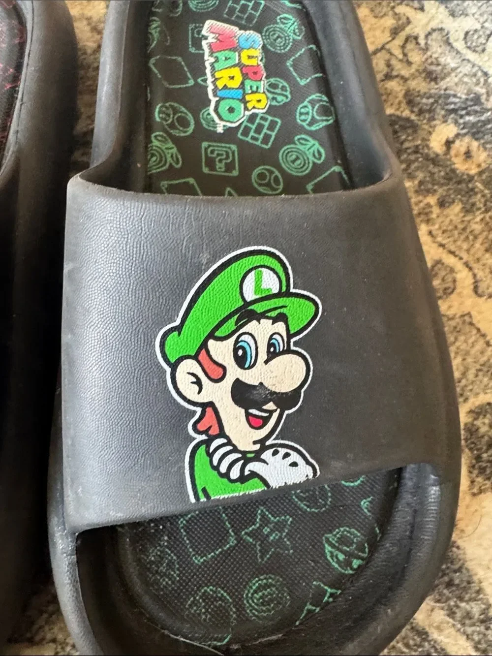Nintendo Boys Black Slides with Red Mario & Green Luigi